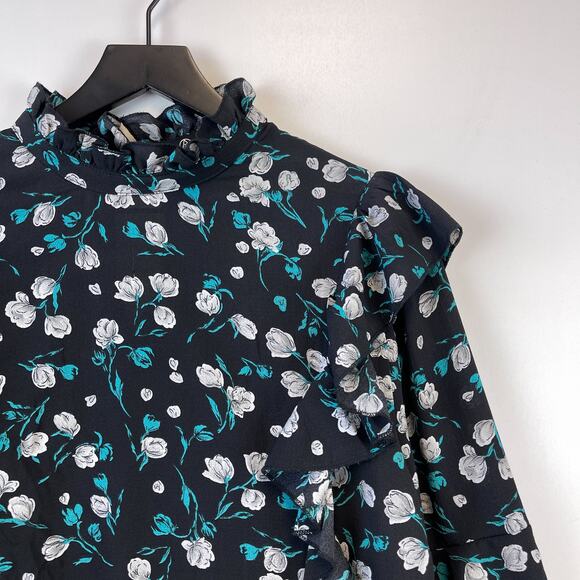 NWT Missguided Size 12 Floral Frill Detail Blouse Black Blue Mock Neck - Picture 2 of 10